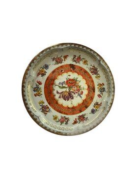 Vintage Daher Floral Metal Serving Tray 12.5” Round Orange Gold Decorative Engla